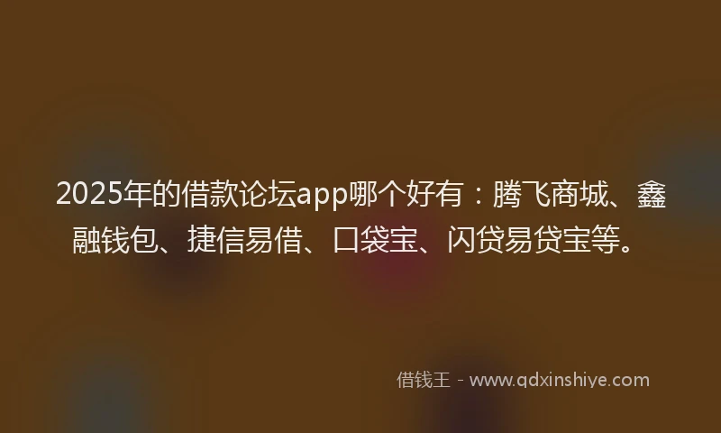2025年的借款论坛app哪个好有：腾飞商城、鑫融钱包、捷信易借、口袋宝、闪贷易贷宝等。