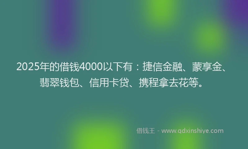 2025年的借钱4000以下有：捷信金融、蒙享金、翡翠钱包、信用卡贷、携程拿去花等。