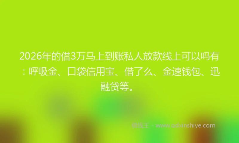 2026年的借3万马上到账私人放款线上可以吗有：呼吸金、口袋信用宝、借了么、金速钱包、迅融贷等。