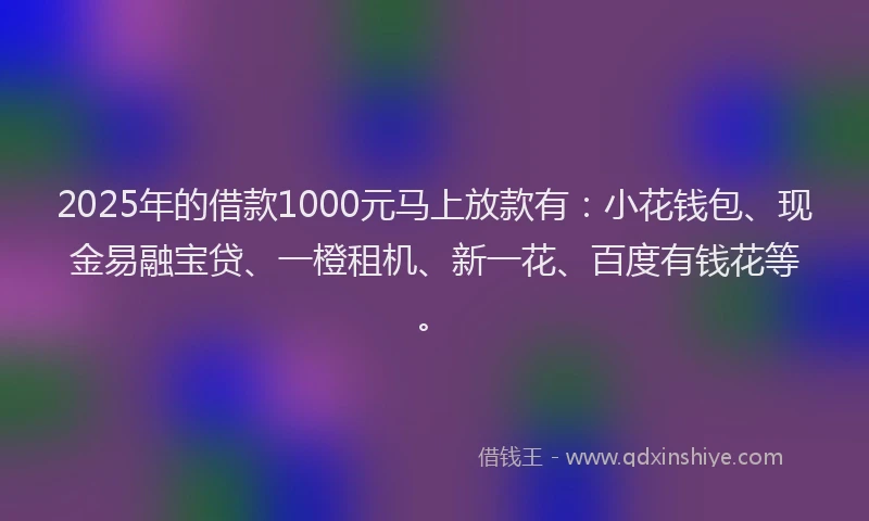 2025年的借款1000元马上放款有：小花钱包、现金易融宝贷、一橙租机、新一花、百度有钱花等。