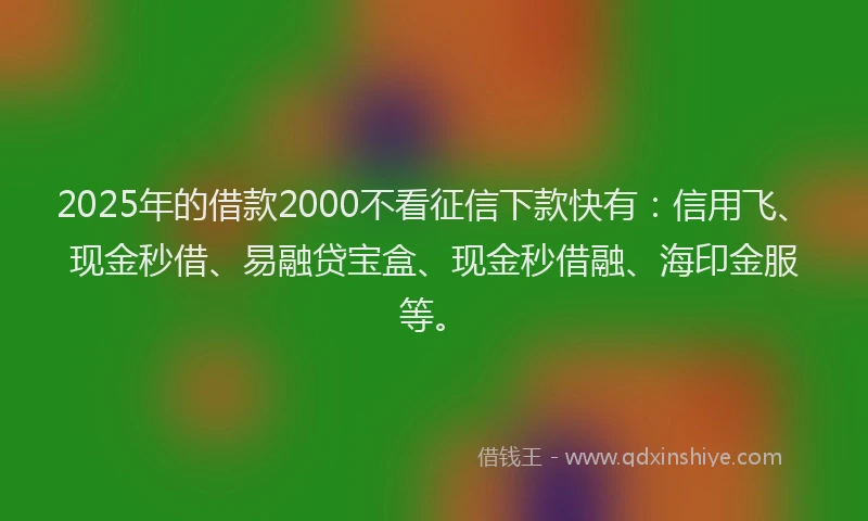2025年的借款2000不看征信下款快有：信用飞、现金秒借、易融贷宝盒、现金秒借融、海印金服等。