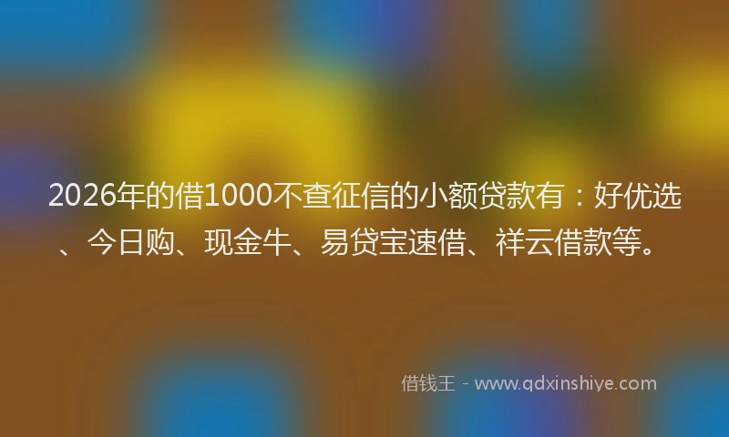 2026年的借1000不查征信的小额贷款有：好优选、今日购、现金牛、易贷宝速借、祥云借款等。