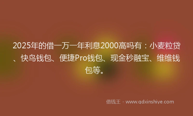 2025年的借一万一年利息2000高吗有：小麦粒贷、快鸟钱包、便捷Pro钱包、现金秒融宝、维维钱包等。