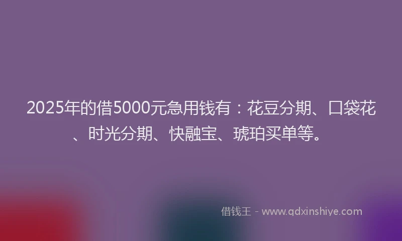 2025年的借5000元急用钱有:花豆分期、口袋花、时光分期、快融宝、琥珀买单等。