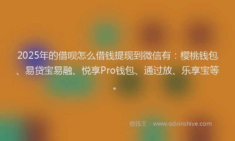2025年的借呗怎么借钱提现到微信有:樱桃钱包、易贷宝易融、悦享Pro钱包、通过放、乐享宝等。