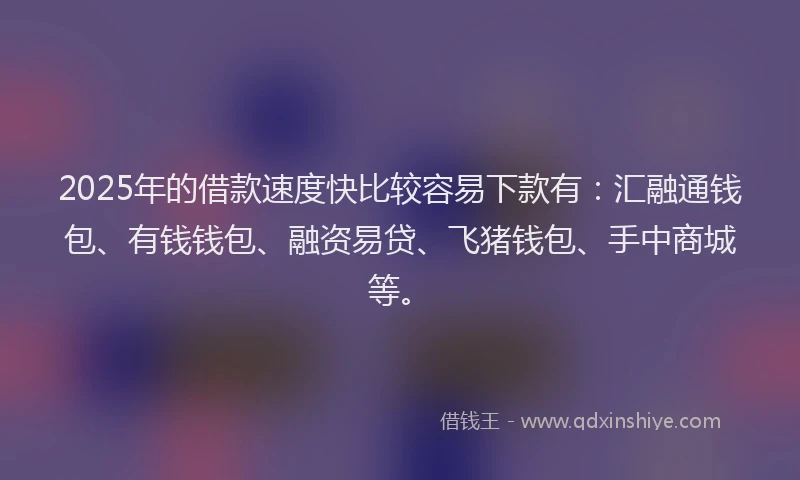 2025年的借款速度快比较容易下款有：汇融通钱包、有钱钱包、融资易贷、飞猪钱包、手中商城等。