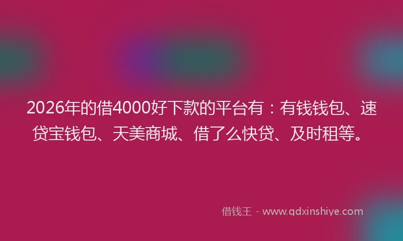 2026年的借4000好下款的平台有：有钱钱包、速贷宝钱包、天美商城、借了么快贷、及时租等。