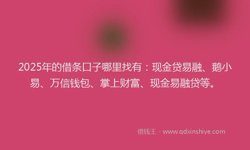 2025年的借条口子哪里找有:现金贷易融、鹅小易、万信钱包、掌上财富、现金易融贷等。