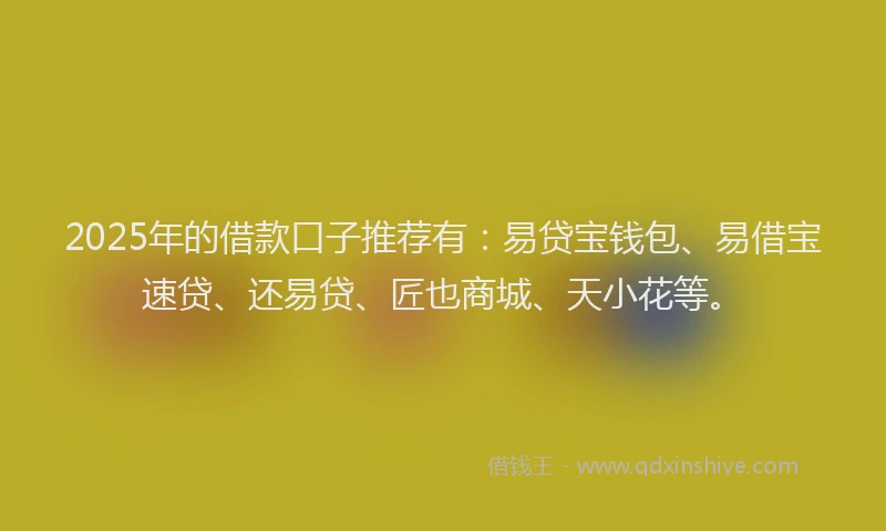 2025年的借款口子推荐有:易贷宝钱包、易借宝速贷、还易贷、匠也商城、天小花等。