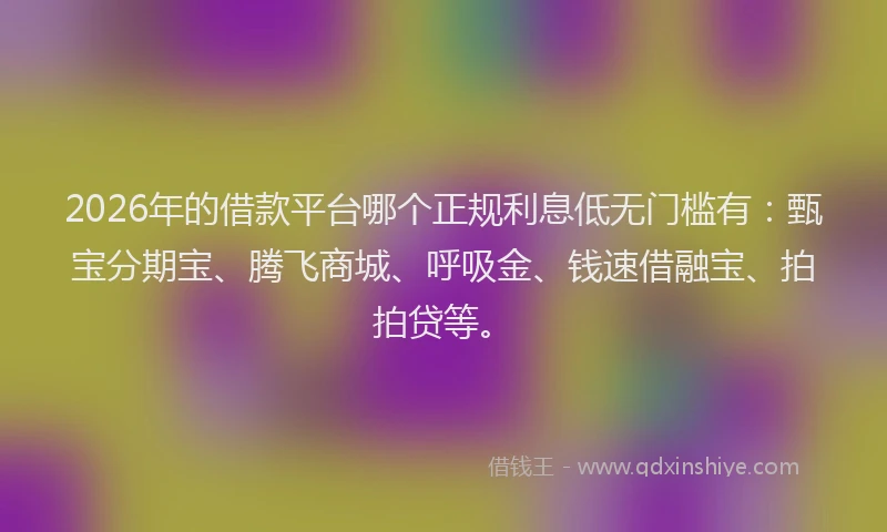 2026年的借款平台哪个正规利息低无门槛有:甄宝分期宝、腾飞商城、呼吸金、钱速借融宝、拍拍贷等。