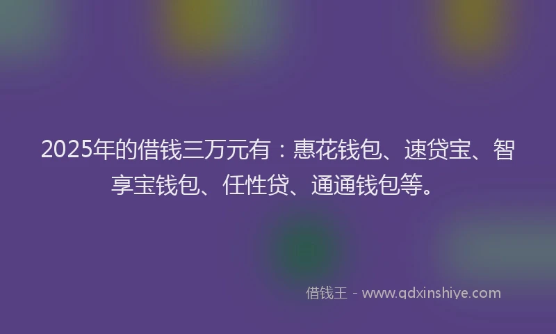 2025年的借钱三万元有：惠花钱包、速贷宝、智享宝钱包、任性贷、通通钱包等。
