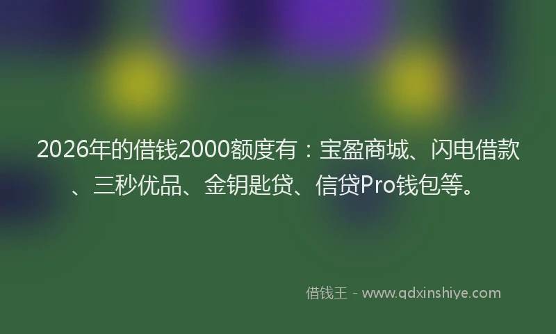 2026年的借钱2000额度有:宝盈商城、闪电借款、三秒优品、金钥匙贷、信贷Pro钱包等。
