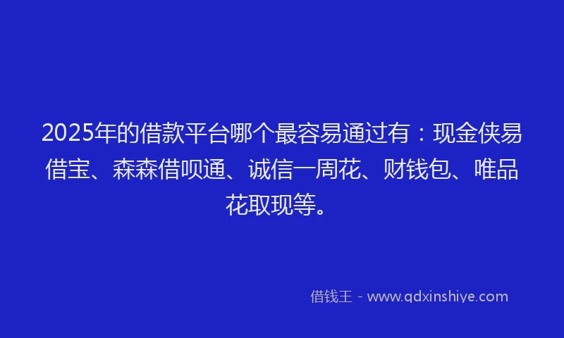 2025年的借款平台哪个最容易通过有：现金侠易借宝、森森借呗通、诚信一周花、财钱包、唯品花取现等。