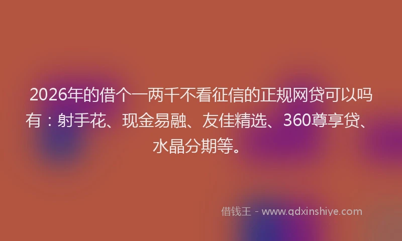 2026年的借个一两千不看征信的正规网贷可以吗有：射手花、现金易融、友佳精选、360尊享贷、水晶分期等。