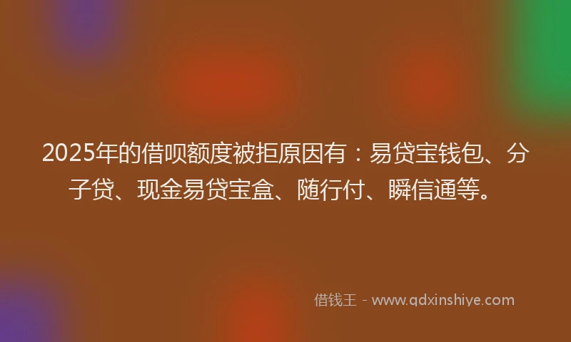 2025年的借呗额度被拒原因有：易贷宝钱包、分子贷、现金易贷宝盒、随行付、瞬信通等。