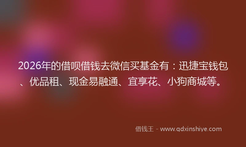 2026年的借呗借钱去微信买基金有:迅捷宝钱包、优品租、现金易融通、宜享花、小狗商城等。