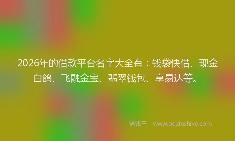 2026年的借款平台名字大全有:钱袋快借、现金白鸽、飞融金宝、翡翠钱包、享易达等。