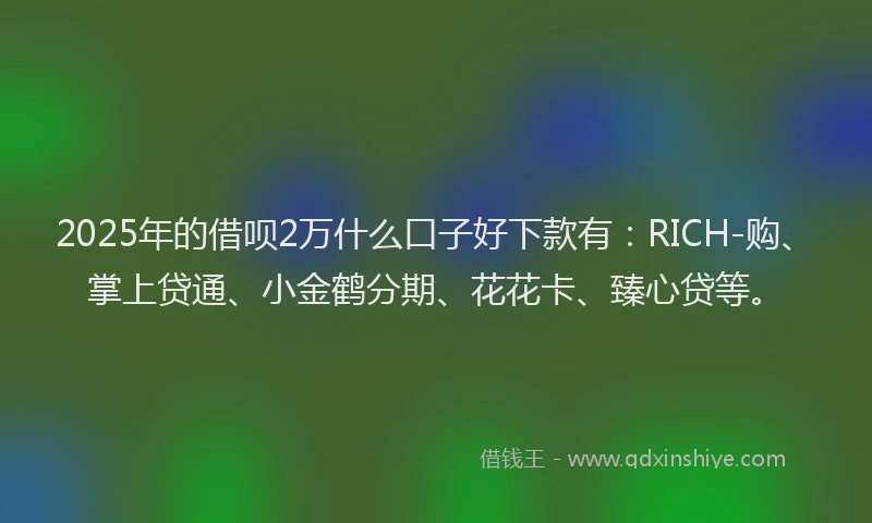 2025年的借呗2万什么口子好下款有:RICH-购、掌上贷通、小金鹤分期、花花卡、臻心贷等。