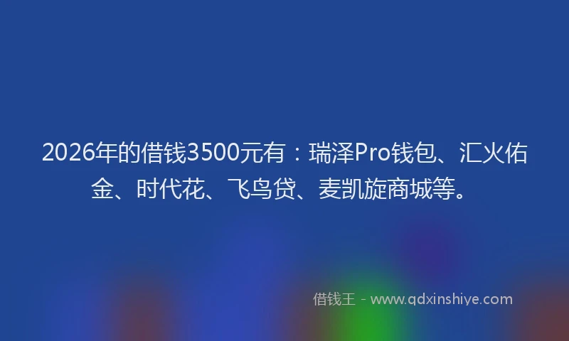 2026年的借钱3500元有：瑞泽Pro钱包、汇火佑金、时代花、飞鸟贷、麦凯旋商城等。