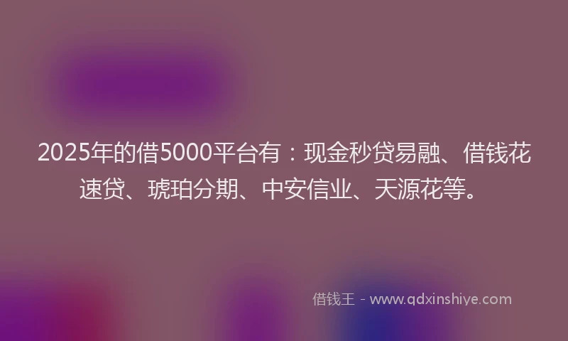 2025年的借5000平台有:现金秒贷易融、借钱花速贷、琥珀分期、中安信业、天源花等。