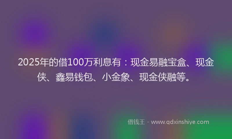 2025年的借100万利息有:现金易融宝盒、现金侠、鑫易钱包、小金象、现金侠融等。