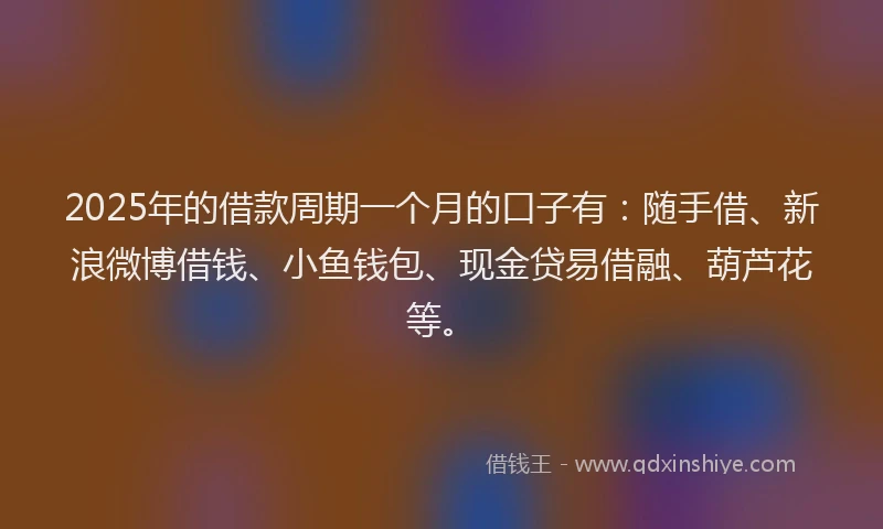 2025年的借款周期一个月的口子有：随手借、新浪微博借钱、小鱼钱包、现金贷易借融、葫芦花等。