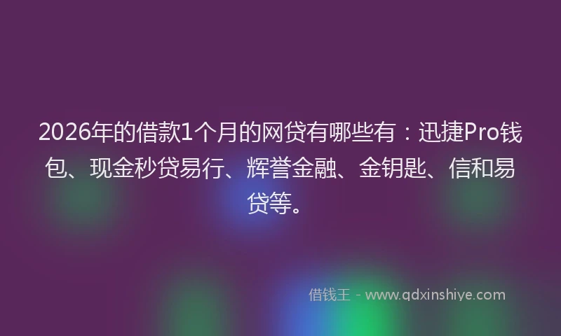 2026年的借款1个月的网贷有哪些有:迅捷Pro钱包、现金秒贷易行、辉誉金融、金钥匙、信和易贷等。