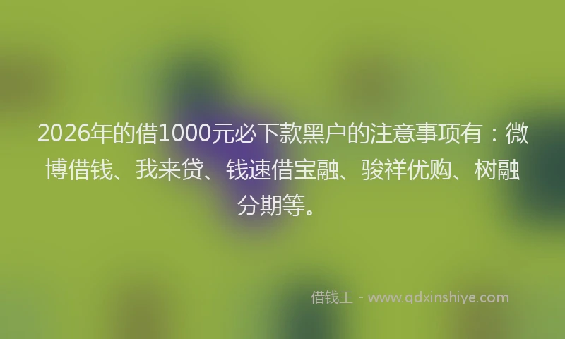 2026年的借1000元必下款黑户的注意事项有：微博借钱、我来贷、钱速借宝融、骏祥优购、树融分期等。