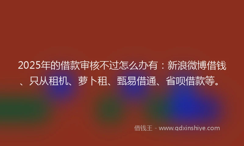 2025年的借款审核不过怎么办有：新浪微博借钱、只从租机、萝卜租、甄易借通、省呗借款等。