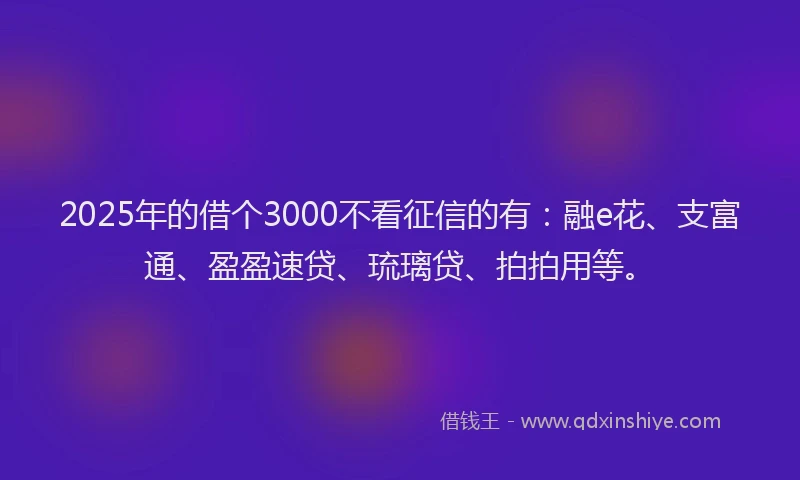 2025年的借个3000不看征信的有：融e花、支富通、盈盈速贷、琉璃贷、拍拍用等。