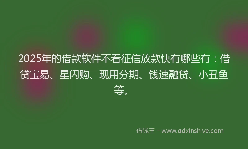 2025年的借款软件不看征信放款快有哪些有：借贷宝易、星闪购、现用分期、钱速融贷、小丑鱼等。