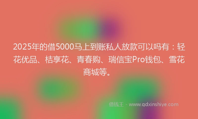 2025年的借5000马上到账私人放款可以吗有:轻花优品、桔享花、青春购、瑞信宝Pro钱包、雪花商城等。