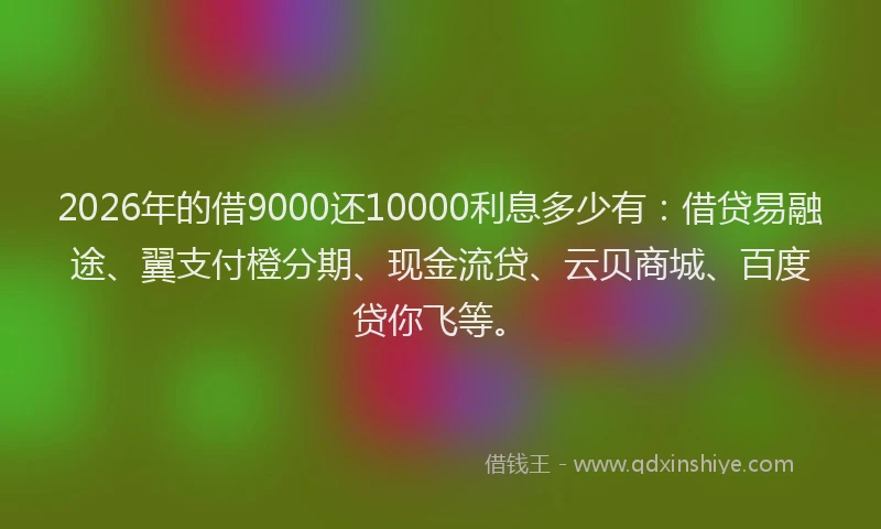 2026年的借9000还10000利息多少有：借贷易融途、翼支付橙分期、现金流贷、云贝商城、百度贷你飞等。