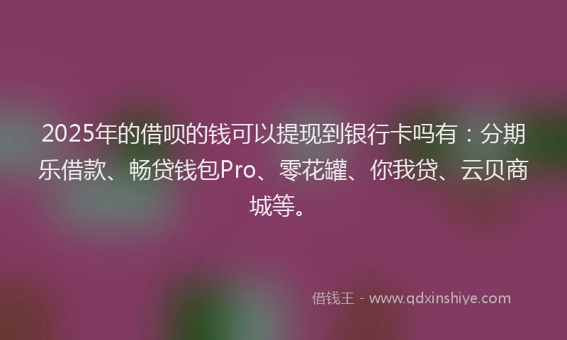 2025年的借呗的钱可以提现到银行卡吗有：分期乐借款、畅贷钱包Pro、零花罐、你我贷、云贝商城等。