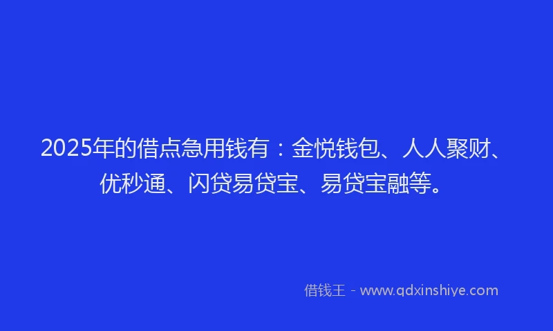 2025年的借点急用钱有:金悦钱包、人人聚财、优秒通、闪贷易贷宝、易贷宝融等。
