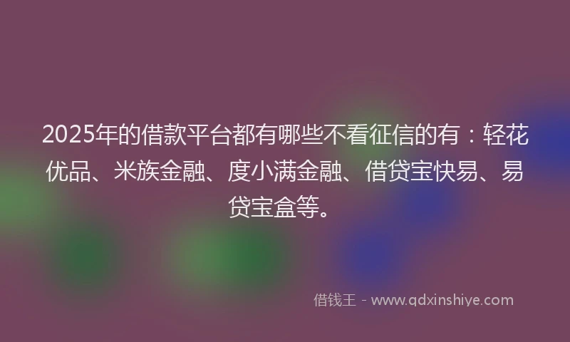 2025年的借款平台都有哪些不看征信的有:轻花优品、米族金融、度小满金融、借贷宝快易、易贷宝盒等。
