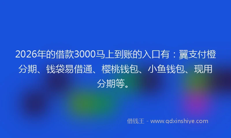 2026年的借款3000马上到账的入口有:翼支付橙分期、钱袋易借通、樱桃钱包、小鱼钱包、现用分期等。
