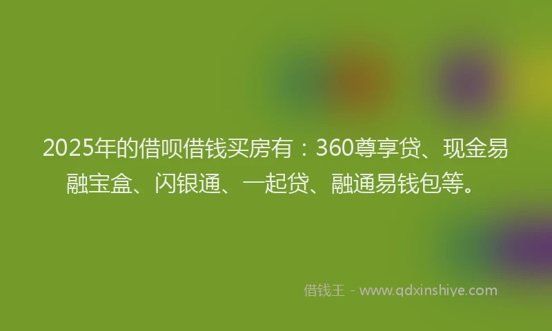 2025年的借呗借钱买房有:360尊享贷、现金易融宝盒、闪银通、一起贷、融通易钱包等。