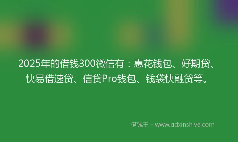 2025年的借钱300微信有:惠花钱包、好期贷、快易借速贷、信贷Pro钱包、钱袋快融贷等。