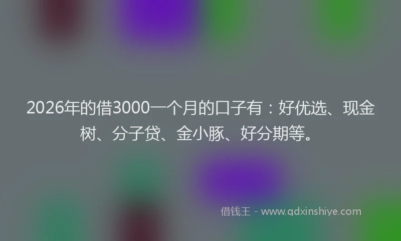 2026年的借3000一个月的口子有：好优选、现金树、分子贷、金小豚、好分期等。