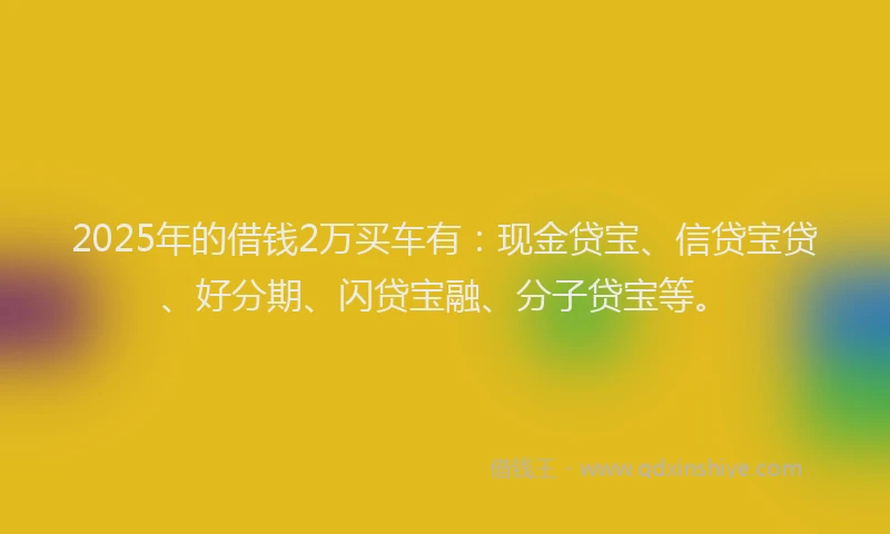 2025年的借钱2万买车有:现金贷宝、信贷宝贷、好分期、闪贷宝融、分子贷宝等。