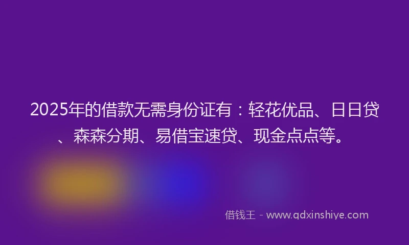 2025年的借款无需身份证有：轻花优品、日日贷、森森分期、易借宝速贷、现金点点等。