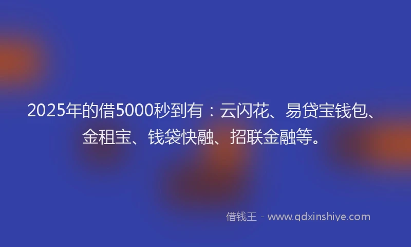 2025年的借5000秒到有：云闪花、易贷宝钱包、金租宝、钱袋快融、招联金融等。