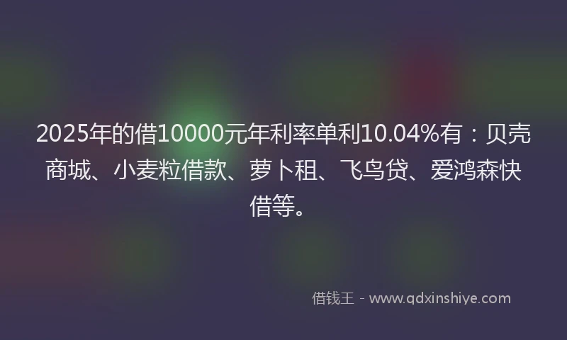 2025年的借10000元年利率单利10.04%有:贝壳商城、小麦粒借款、萝卜租、飞鸟贷、爱鸿森快借等。