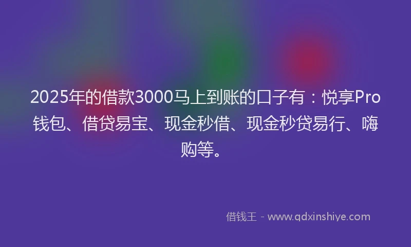 2025年的借款3000马上到账的口子有:悦享Pro钱包、借贷易宝、现金秒借、现金秒贷易行、嗨购等。