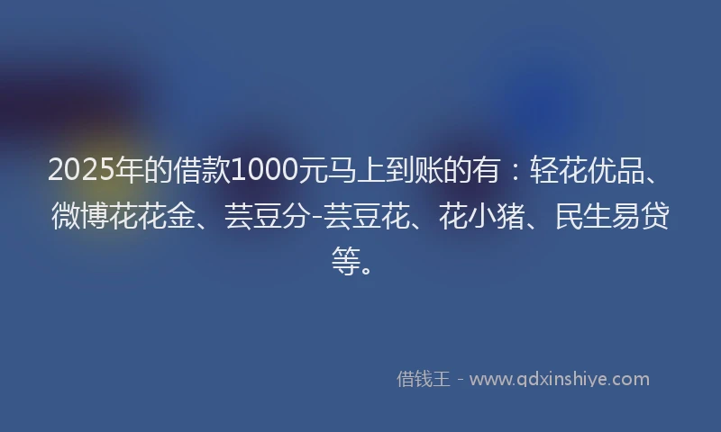 2025年的借款1000元马上到账的有：轻花优品、微博花花金、芸豆分-芸豆花、花小猪、民生易贷等。