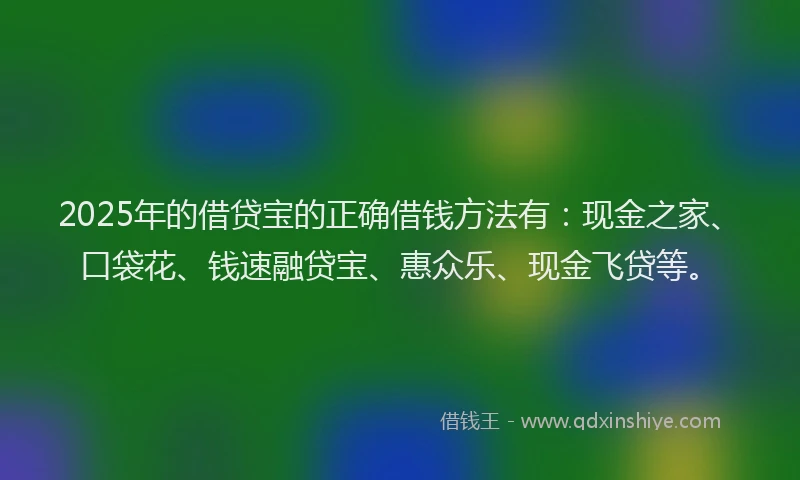 2025年的借贷宝的正确借钱方法有:现金之家、口袋花、钱速融贷宝、惠众乐、现金飞贷等。