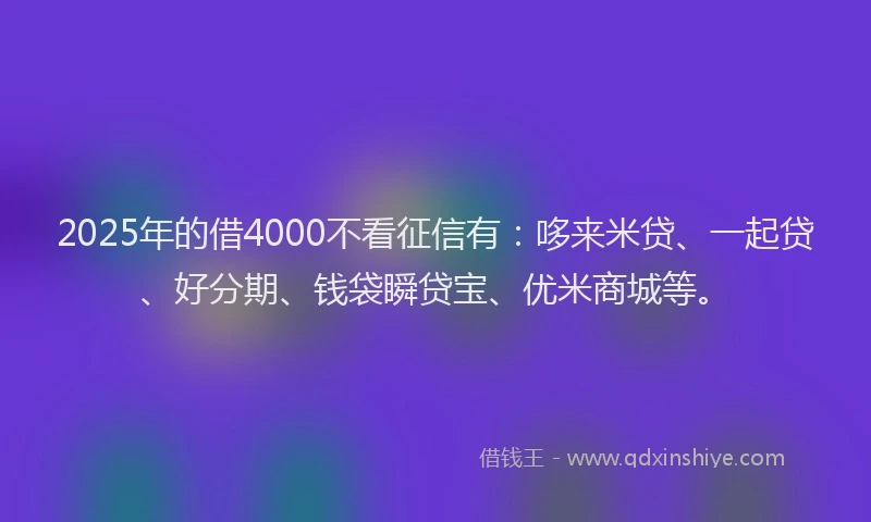 2025年的借4000不看征信有:哆来米贷、一起贷、好分期、钱袋瞬贷宝、优米商城等。