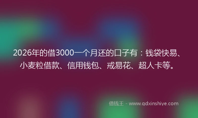 2026年的借3000一个月还的口子有：钱袋快易、小麦粒借款、信用钱包、戒易花、超人卡等。