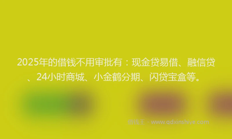 2025年的借钱不用审批有：现金贷易借、融信贷、24小时商城、小金鹤分期、闪贷宝盒等。